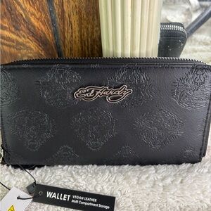 Ed Hardy Embossed Black Vegan Leather Wallet New